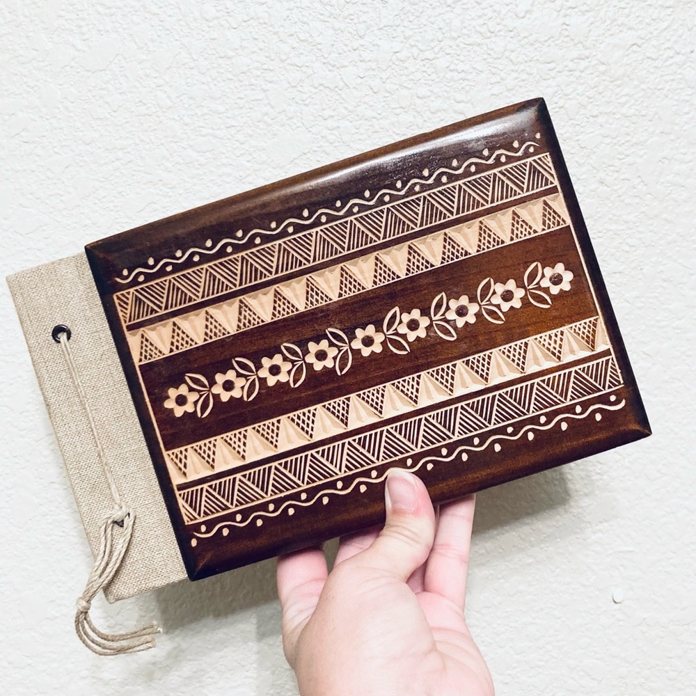 Vintage Antique hand carved wooden photo album book vellum paper - Picture 6 of 11